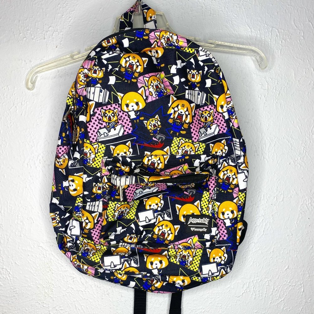 Loungefly Aggretsuko by Sanrio, backpack in black, pink, blue, orange print.EUC.